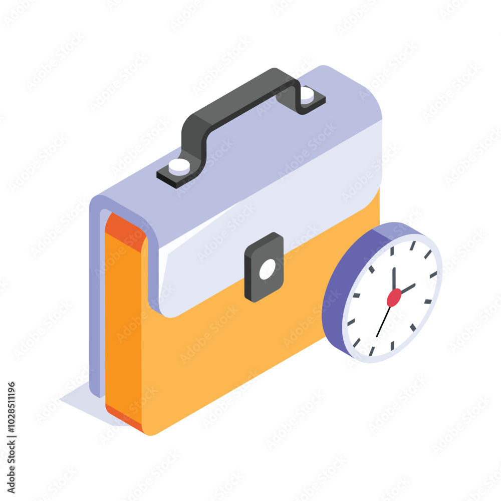 Business briefcase with clock, working time isometric vector Business briefcase with clock, working time isometric vector