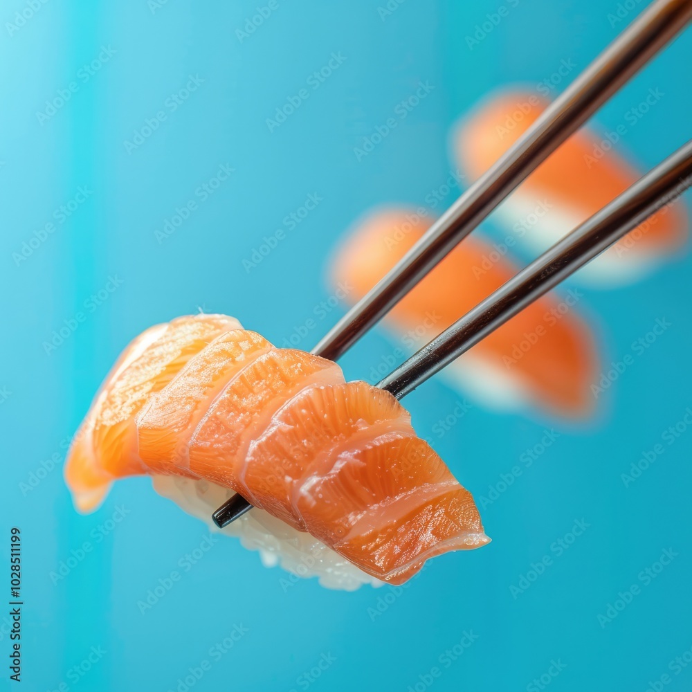 Close-Up of Chopsticks Holding Salmon Nigiri Sushi on a Vibrant Background Close-Up of Chopsticks Holding Salmon Nigiri Sushi on a Vibrant Background