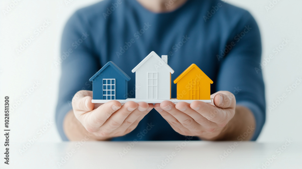 A man is holding three small houses in his hands A man is holding three small houses in his hands