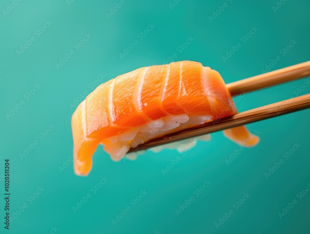 Close-Up of Chopsticks Holding Salmon Nigiri Sushi on a Vibrant Background Close-Up of Chopsticks Holding Salmon Nigiri Sushi on a Vibrant Background
