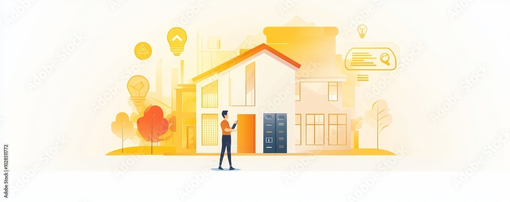 A modern illustration depicting a person interacting with a house in a vibrant neighborhood full of colorful elements.