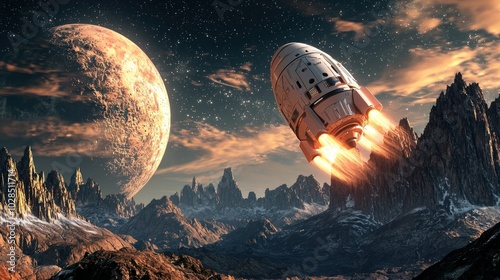 a space capsule landing on a distant planet, representing exploration and scientific advancement in space travel