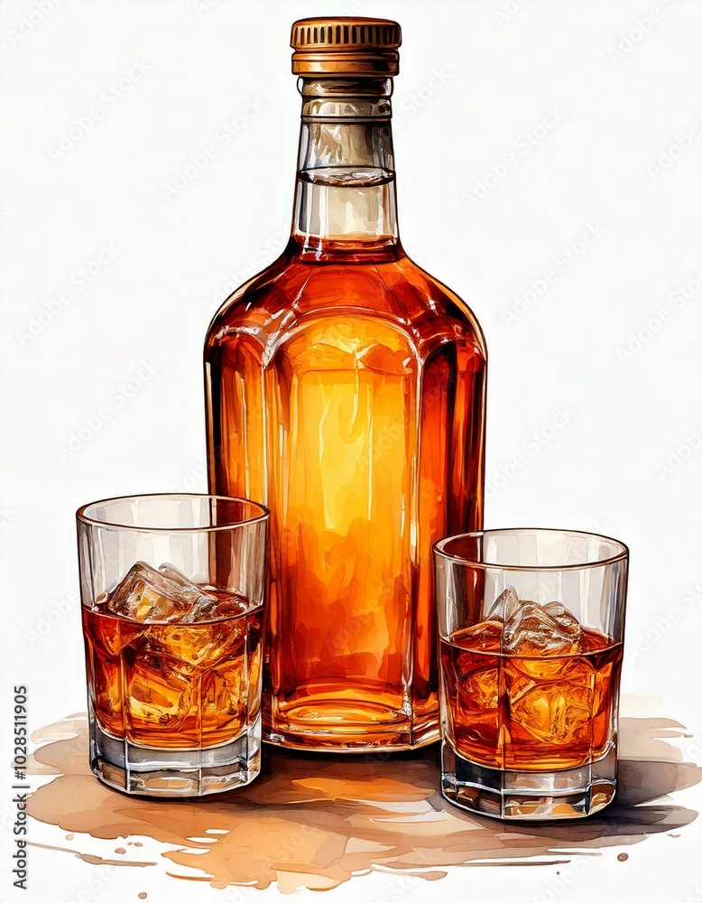 A watercolor illustration of a whiskey bottle and two glasses filled with ice and amber liquid, perfect for beverage-themed artwork.