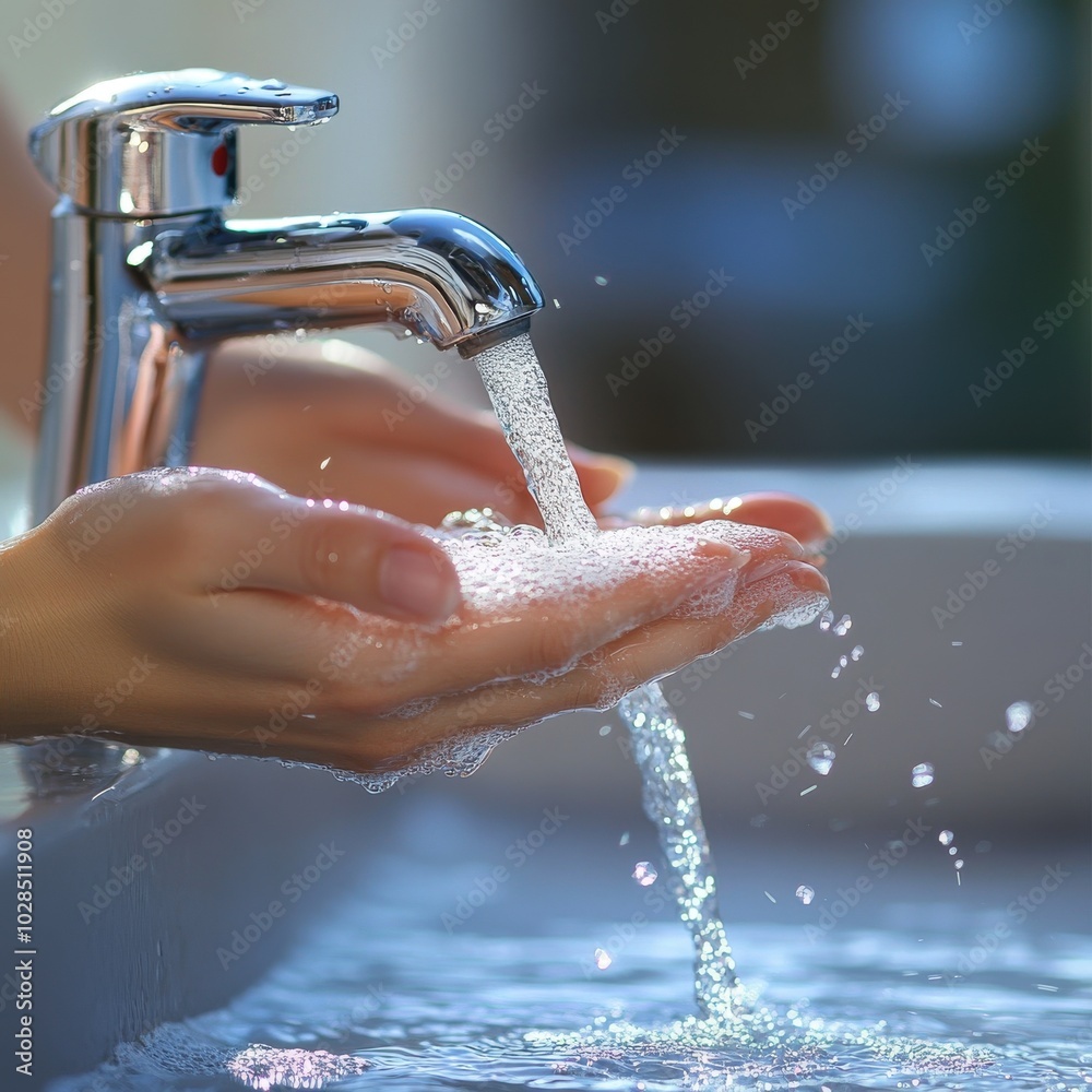 Fototapeta premium A close-up shot of hands receiving flowing water from a modern faucet, highlighting cleanliness and freshness.