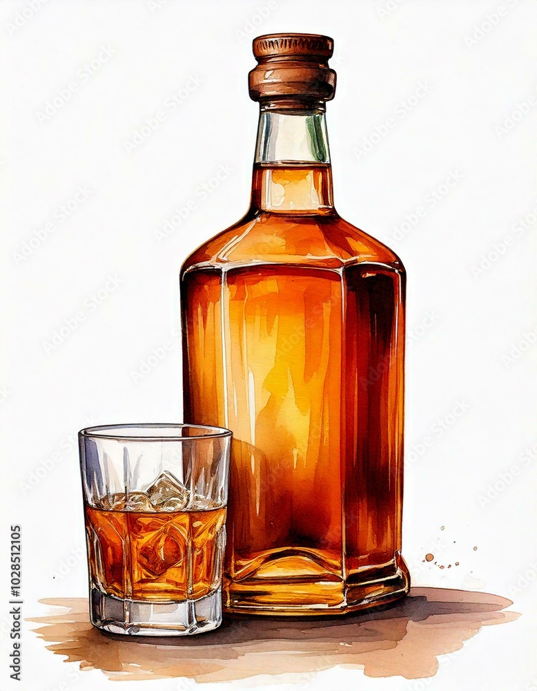 Artistic illustration of a whiskey bottle with amber liquid and a glass of whiskey with ice, isolated on white background. Artistic illustration of a whiskey bottle with amber liquid and a glass of whiskey with ice, isolated on white background.