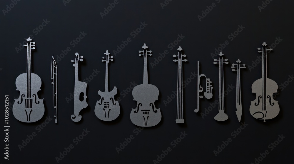 Silver String Instrument Cutouts on Black Background Silver String Instrument Cutouts on Black Background