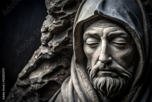 Serene Epictetus Stone Carving with Blind Eyes in Philosophers Robe, Macro Photography Aesthetic on Pure Black Background, Charcoal Drawing Style for Philosophical Art Lovers