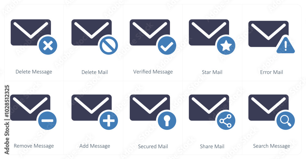 A set of 10 mail icons as delete message, delete mail, verified message A set of 10 mail icons as delete message, delete mail, verified message
