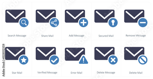 A set of 10 mail icons as search message, share mail, add message