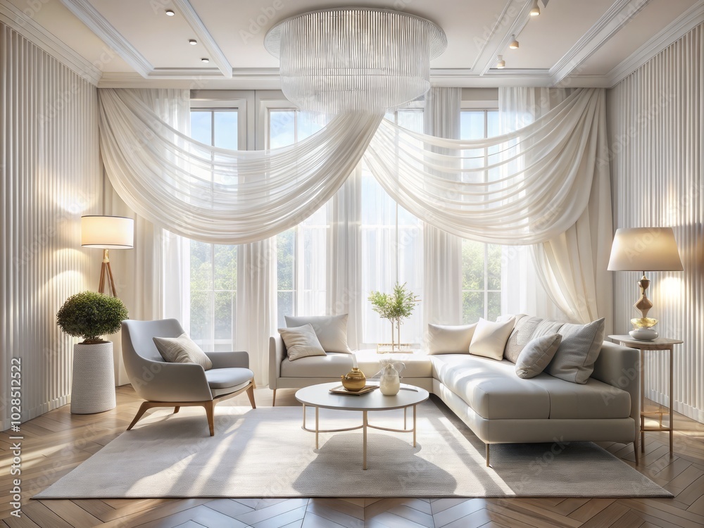 Fototapeta premium Serene Interior with Light Patterns - Bright and Airy Room Design, White Curtains, Luxurious Atmosphere, Relaxing Ambiance, Modern Elegance, Soft Lighting Effects, Home Decor Inspiration