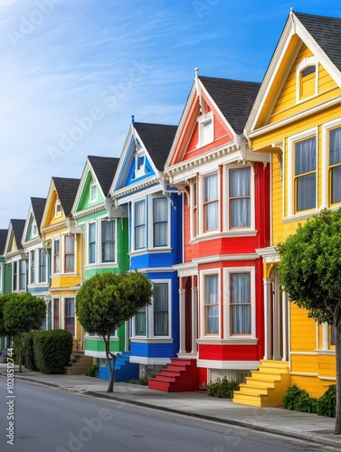 Charming row of colorful Victorian houses showcasing intricate architectural details and vibrant hues.