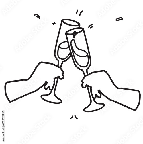 Clinking cheers glasses champagne graphic vector illustration. Chin chin party with two champagne glasses vector icon