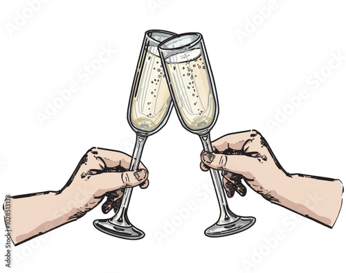 Clinking cheers glasses champagne graphic vector illustration. Chin chin party with two champagne glasses