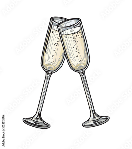 Clinking cheers glasses champagne graphic vector illustration. Chin chin party with two champagne glasses