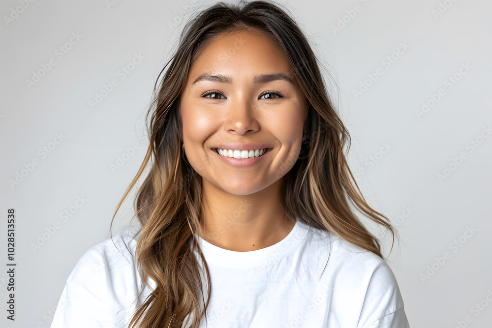 Portrait of native American smiling woman wearing white t-shirt isolated on white background Portrait of native American smiling woman wearing white t-shirt isolated on white background