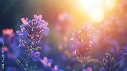 Delicate Purple Flowers Bathed in Golden Sunset Light