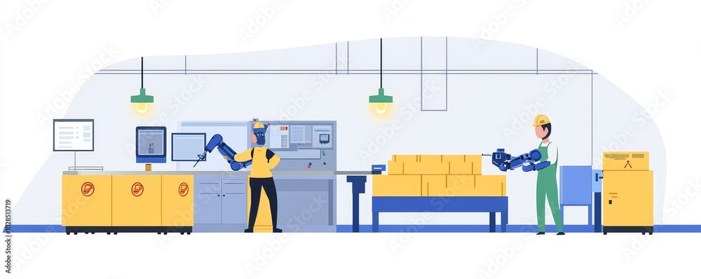 A modern manufacturing scene featuring robots working alongside employees in a factory setting with equipment and safety gear. A modern manufacturing scene featuring robots working alongside employees in a factory setting with equipment and safety gear.
