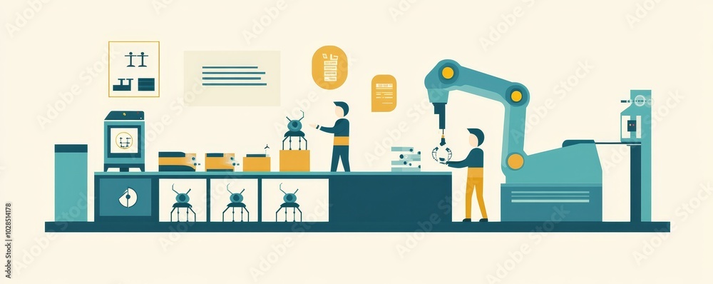 A modern factory scene featuring robotic automation and workers in a productive environment enhancing manufacturing efficiency. A modern factory scene featuring robotic automation and workers in a productive environment enhancing manufacturing efficiency.