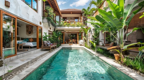 Wide-angle view of the front garden and swimming pool area of a modern minimalist villa in Bali, featuring wooden accents and lush tropical greenery.