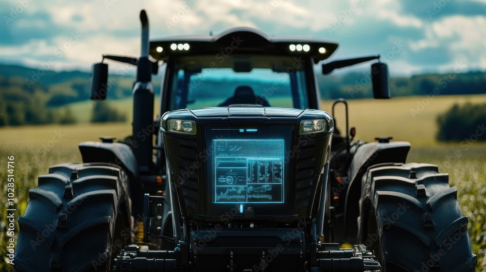 Modern Black Tractor with Digital Interface in a Field Modern Black Tractor with Digital Interface in a Field