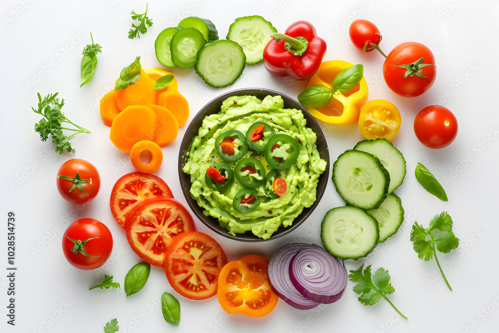 Top view bowl of creamy guacamole with fresh vegetables isolated on a white background. Top view bowl of creamy guacamole with fresh vegetables isolated on a white background.