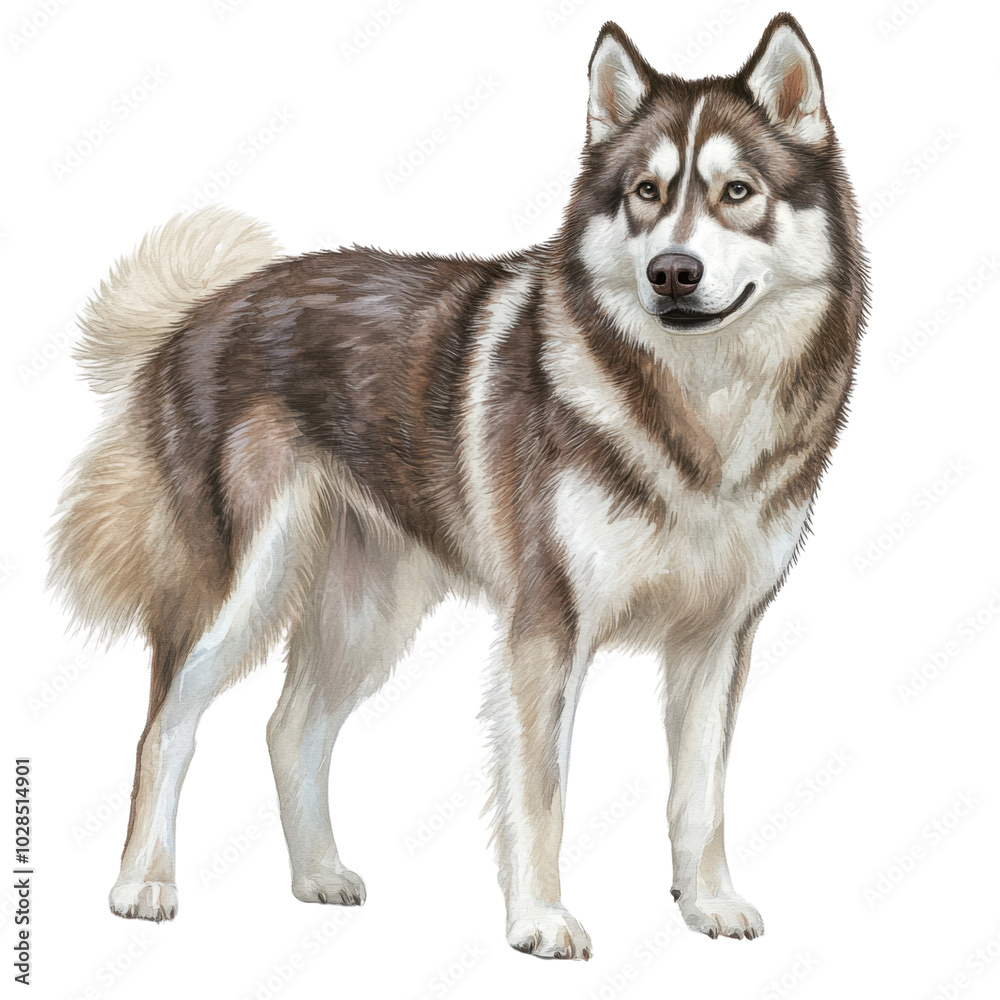 Realistic illustration of a standing dog with fur in shades of gray and white Realistic illustration of a standing dog with fur in shades of gray and white