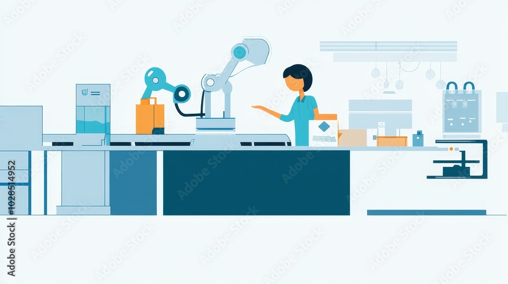 A modern workspace featuring a robot assisting a worker, showcasing automation and technology in manufacturing. A modern workspace featuring a robot assisting a worker, showcasing automation and technology in manufacturing.