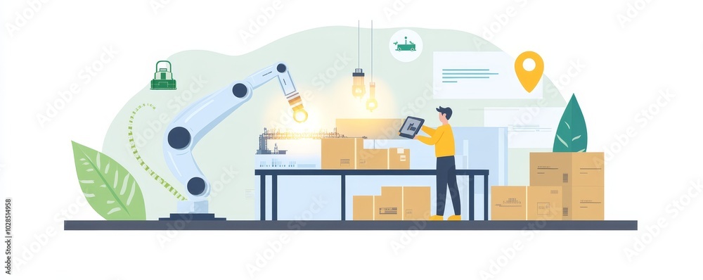 A worker using a tablet in a modern warehouse with robotic arms, showcasing automation and efficiency in logistics. A worker using a tablet in a modern warehouse with robotic arms, showcasing automation and efficiency in logistics.