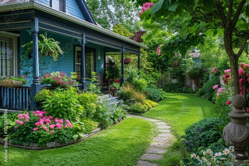 Beautiful home garden featuring lush green grass, flower beds, and an elegant front porch, complemented by artistic sculptures in the summer landscape.