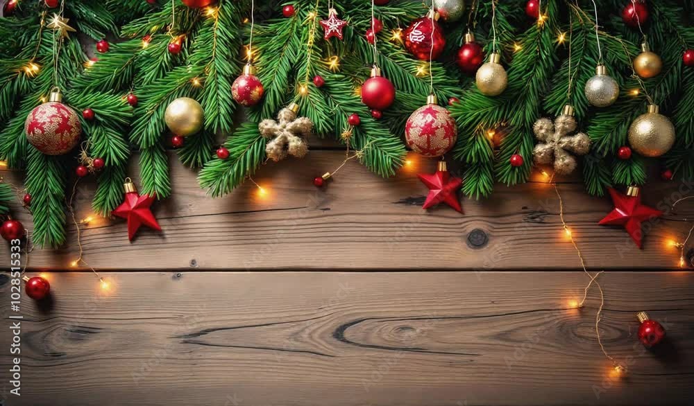 Christmas festive background with fir decorated branches, balls, stars and garland moving up to down