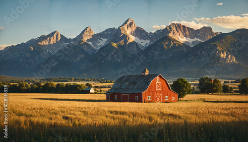 Ferme rouge au pied des montagnes majestueuses photo