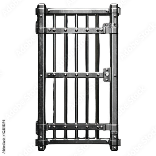 Metal prison gate with bars and padlock for security and confinement photo