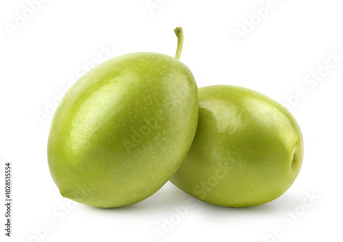 Green olives fruit isolated on white background. Clipping path.