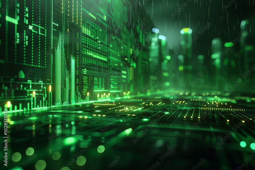 Fototapeta premium Futuristic green data visualization background with a data science theme, featuring a green and black color scheme, including chart lines and bar graphs, ideal for presentations.