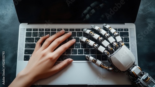 Human hand and AI cyborg on laptop keyboard, concept of work support by artificial intelligence tools