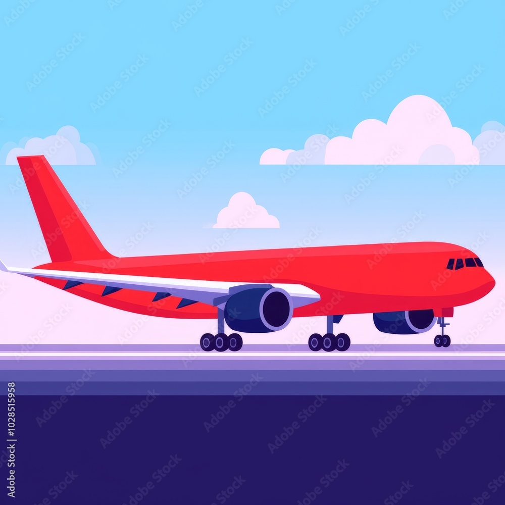 A stylized red airplane on a runway under a blue sky with clouds. A stylized red airplane on a runway under a blue sky with clouds.