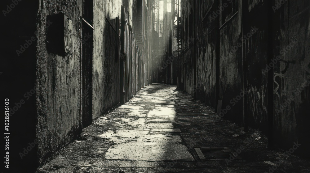 Narrow Alleyway with Graffiti and Light Gleaming Through Narrow Alleyway with Graffiti and Light Gleaming Through