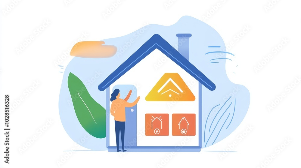 A person inspecting a cozy house with colorful windows and leafy surroundings, portraying home safety and personal care. A person inspecting a cozy house with colorful windows and leafy surroundings, portraying home safety and personal care.
