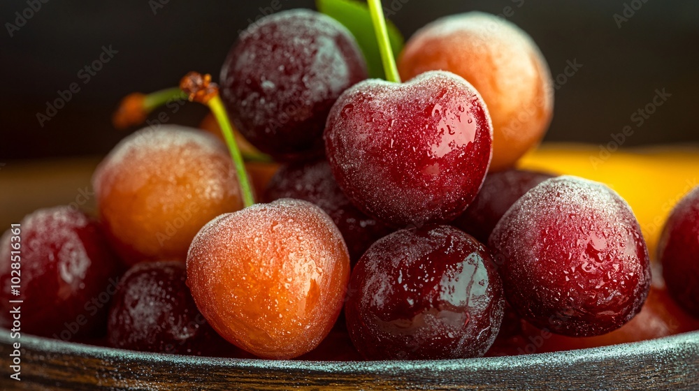 Close up of cherries in a fruit platter, isolated dark background. Close up of cherries in a fruit platter, isolated dark background.