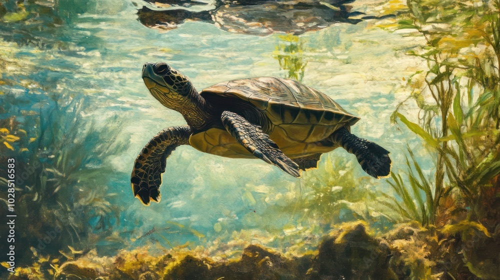 Fototapeta premium A Turtle Swimming Underwater in a Sunlit Aquatic Environment