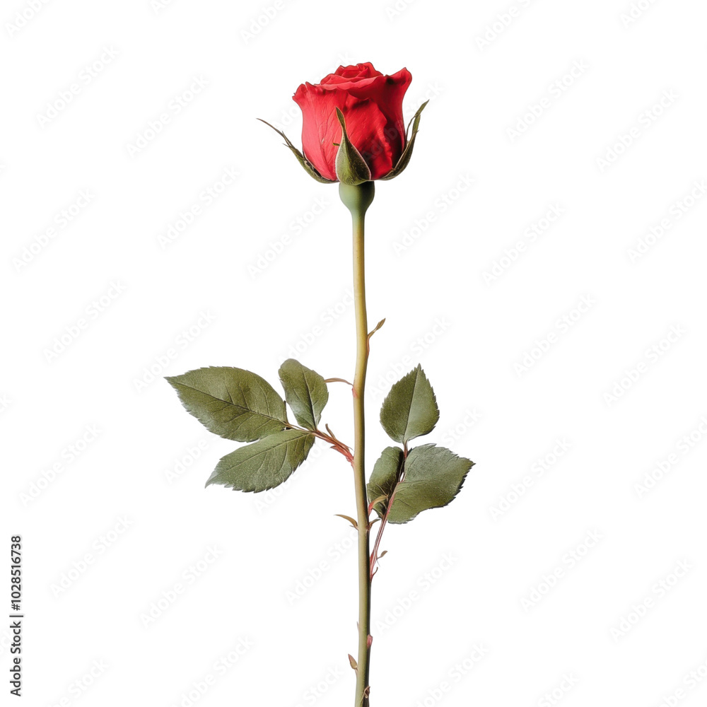 Single red rose with green leaves on clear background, symbolizing love and beauty Single red rose with green leaves on clear background, symbolizing love and beauty