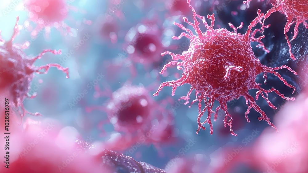 Close-up view of vibrant, colorful cells in a microscopic world, showcasing their intricate structures and textures.