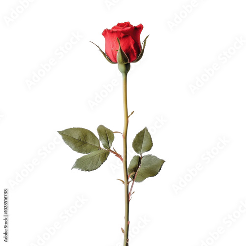 Single red rose with green leaves on clear background, symbolizing love and beauty