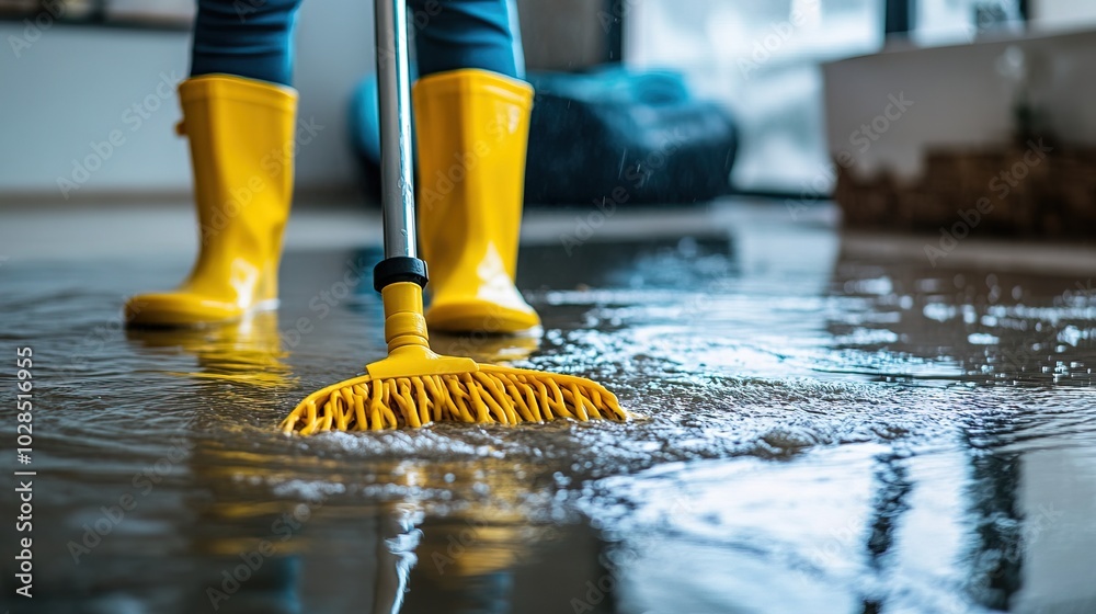 Person in rubber boots mopping a flooded floor Person in rubber boots mopping a flooded floor