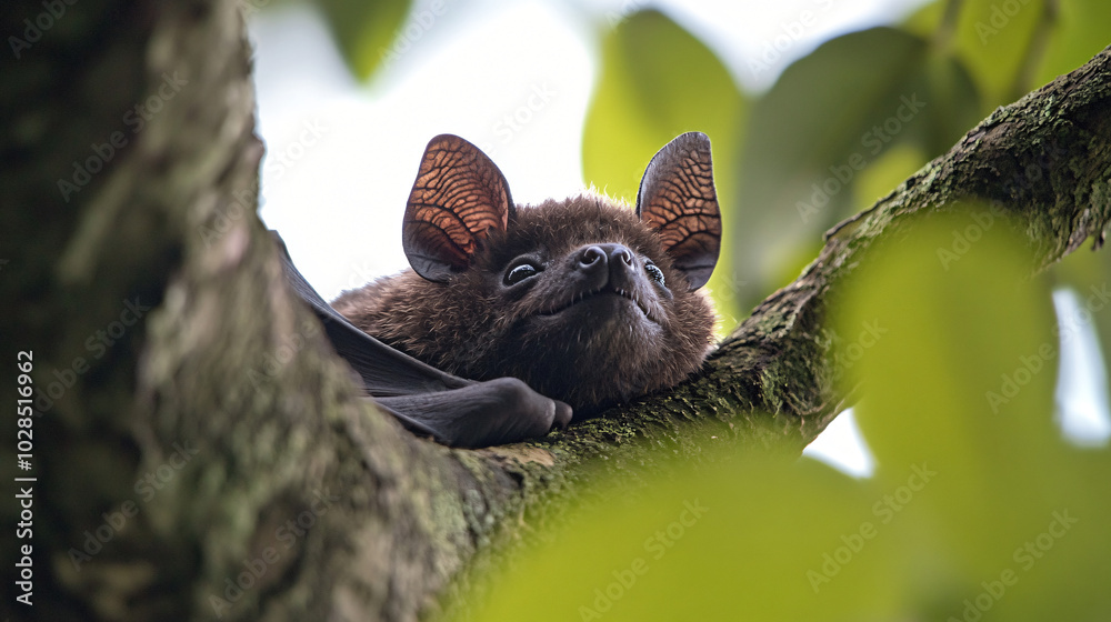 A bat resting upside down in a tree during daylight.