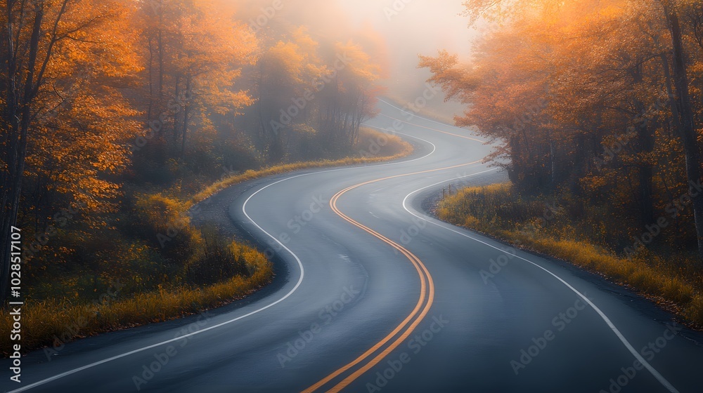 An empty, winding road winds through the woods on an autumn morning, shrouded in fog. The trees are adorned with leaves in various shades of orange and brown. An empty, winding road winds through the woods on an autumn morning, shrouded in fog. The trees are adorned with leaves in various shades of orange and brown.