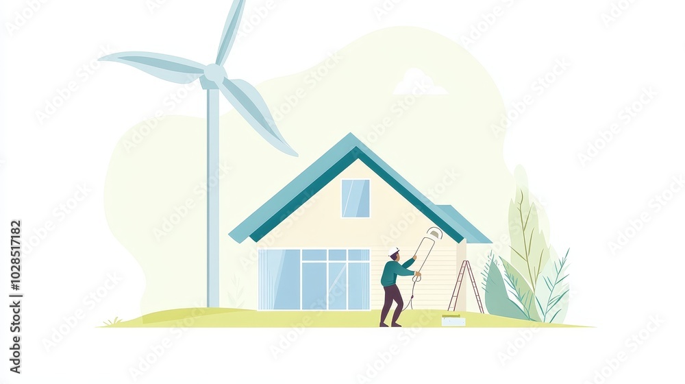 Fototapeta premium A person paints a house beside a wind turbine, representing sustainable living and eco-friendly home improvement.