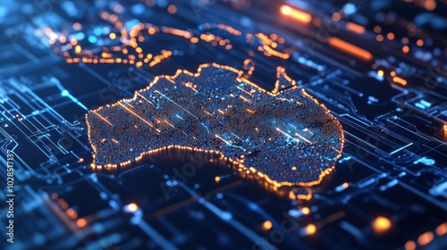 Map of the shape of the Australia border on a cyber circuit board in a network of cyber connections