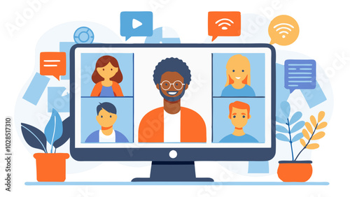 Illustration of a video conference call with diverse participants on screen.