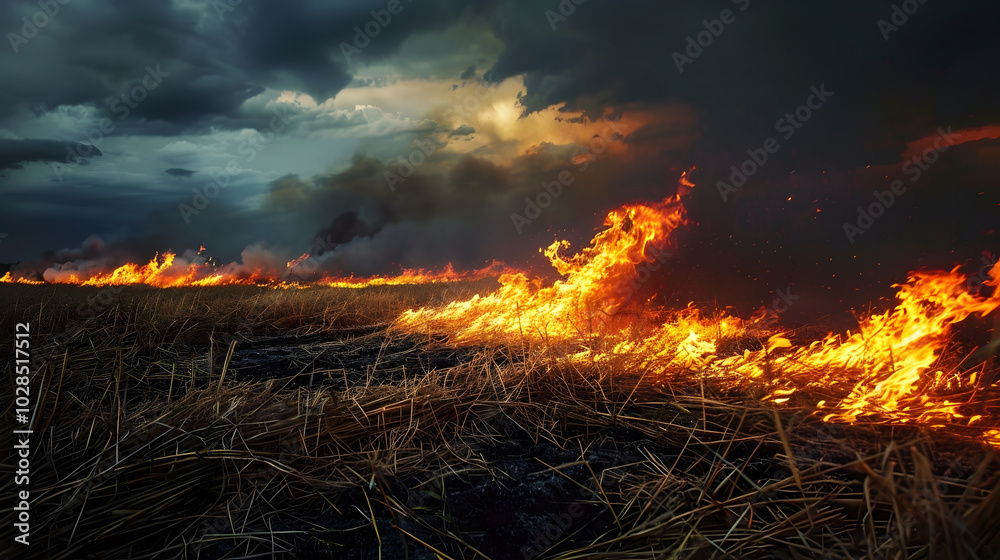 Wildfire in Dry Field with Stormy Sky Wildfire in Dry Field with Stormy Sky